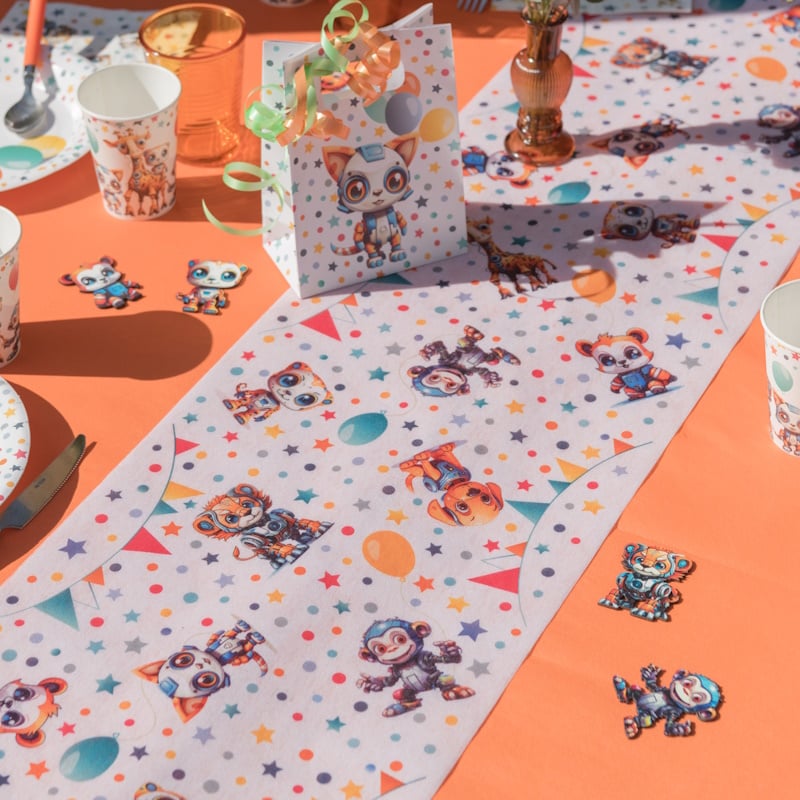 Chemin De Table Anniversaire - 180x35 Cm, Motifs Animaux, Polyester Lavable