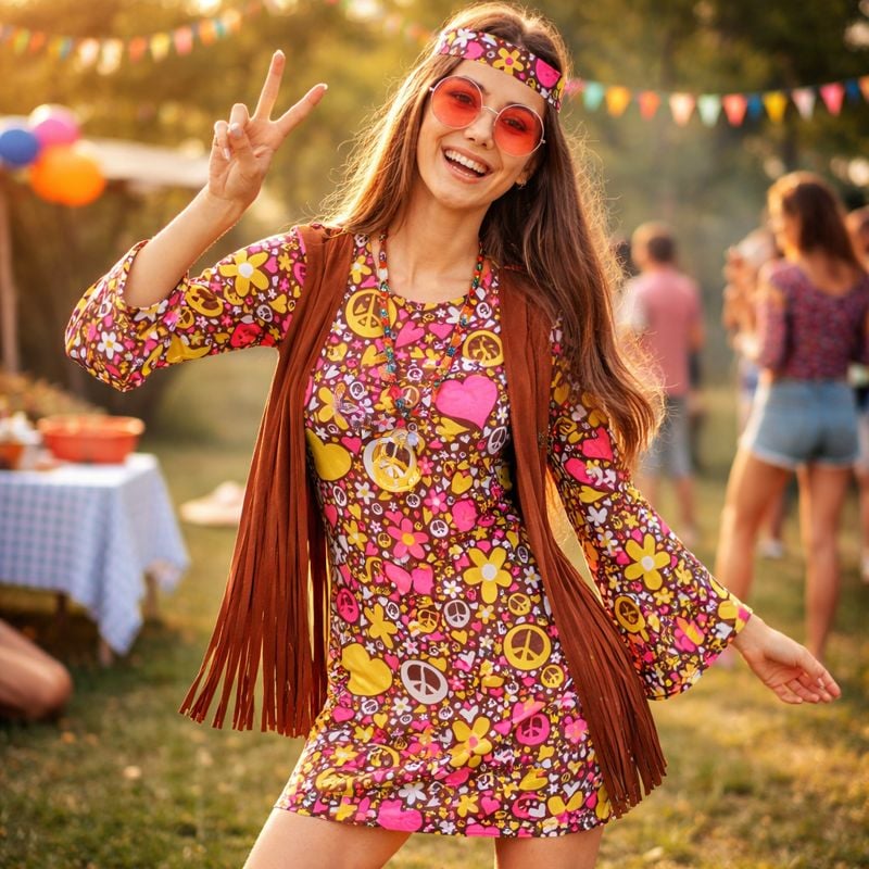 Costume Hippie Années 70 Complet Homme Femme - T-shirt, Lunettes, Collier Paix & Bandeau