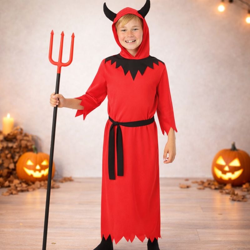 Costume Diable Enfant – Robe Rouge, Capuche à Cornes, Queue, Ceinture, Lunettes, 4 Tailles S à XL, Halloween, Cosplay