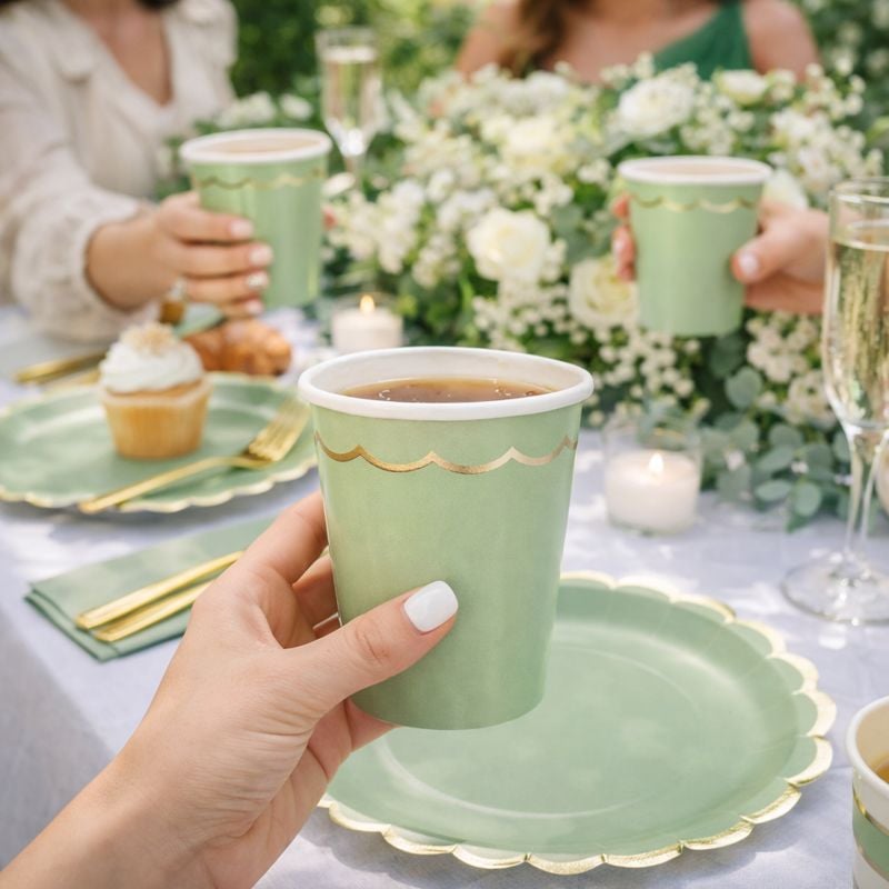 Vaisselle Jetable Anniversaire Vert Sauge 96 Pièces - Service Pour 24 Invités, Assiettes, Gobelets, Serviettes Élégantes Or & Vert