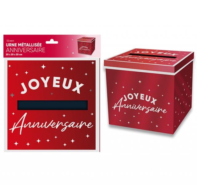 Urne Pliable Joyeux Anniversaire - 20x20x20 Cm - Carton Rouge Et Doré - Pour Cartes Et Enveloppes