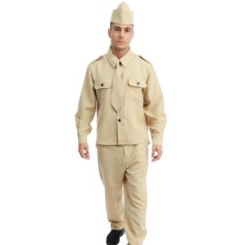 Déguisement militaire D-Day pour homme en taille L/XL, costume de soldat vintage avec chemise, pantalon, cravate et chapeau. Idéal pour soirées à thème et événements commémoratifs.