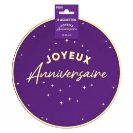 8 Assiettes en carton Joyeux anniversaire Violet austral 23 cm - decoration fetes pas cher - Badaboum.fr