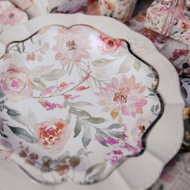 8 Assiettes Carton theme Dahlia Blanc et Pastel