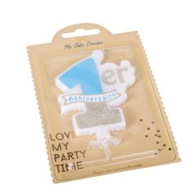 Bougie Premier Anniversaire paillettes Bleu et Or