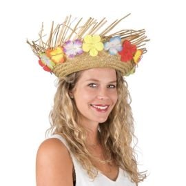 Chapeau paille hawaïen - beige avec fleurs - adulte