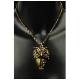 collier - hibou doré - avec pierres multicolores