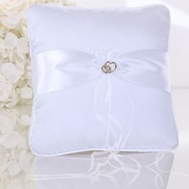 Coussin porte alliance Blanc en tissu satin double coeur 