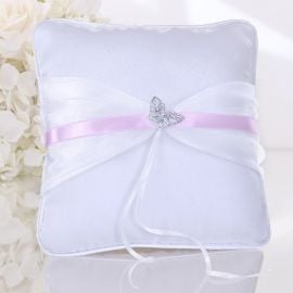 Coussin porte alliance Blanc en tissu satin Papillon