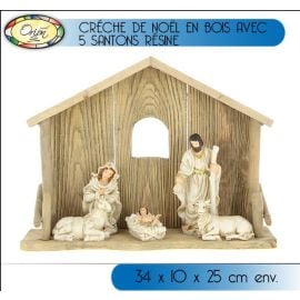 Creche de noel en bois avec 5 santons résine