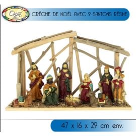 Creche de noel en bois avec 9 santons résine