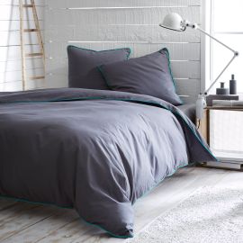 Housse de couette 240x260 Flore Gris liseré Turquoise