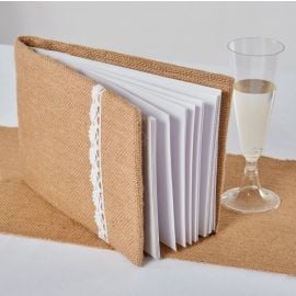 Livre d'or toile de jute avec dentelle blanche