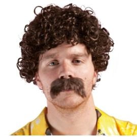 Perruque courte frisée et moustache - brun