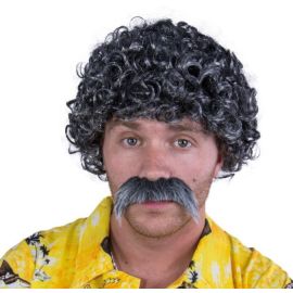 Perruque courte frisée et moustache - gris