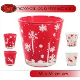 Photophore de Noel en verre avec bougie Rouge Blanc