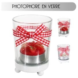 Photophore de noel en verre avec support en métal et ruban