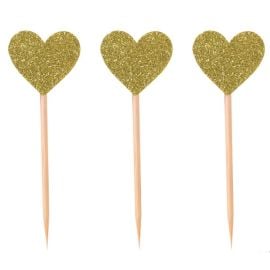 Pique à gâteau coeur - 7,5 cm - or - lot de 12
