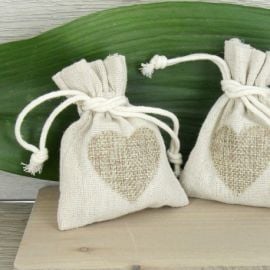 Sac a dragees pas cher en lin et jute avec coeur