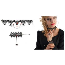 set - tour de cou - bracelet avec bague araignée noir et rouge