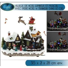 Village de Noel lumineux et musical avec traineau dans le ciel