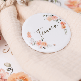 2 Badges Témoin de mariage Peachy Rose Ø 5cm