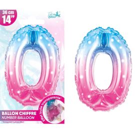 Ballon anniversaire chiffre 0 en aluminium, 36 cm, effet bulle transparent, couleurs rose et bleu - Badaboum.fr