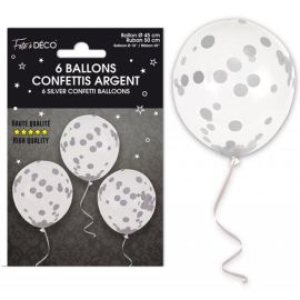 6 Ballons à Confettis Argent Ø 45 cm avec Ruban