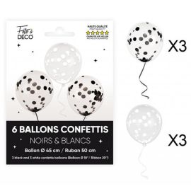 Ballons à confettis Noir et blanc Ø 45 cm x6 pièces - decoration fetes pas cher - Badaboum.fr
