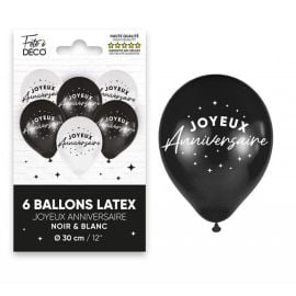 6 Ballons en latex Joyeux anniversaire Noir et blanc Ø 30 cm - decoration fetes pas cher - Badaboum.fr