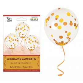 6 Ballons à confettis Jaune et Orange Ø 45 cm avec rubans de 50 cm pas cher