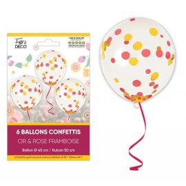 6 Ballons à confettis thème Floral Ø 45 cm & rubans 50 cm (or rose framboise)
