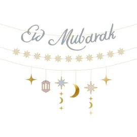 Bannière décorative Eid Mubarak dorée avec étoiles et lunes – 200 cm