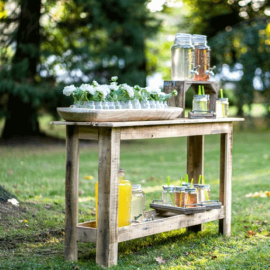 Console en bois rustique pour mariage et candy bar avec étagère de présentation