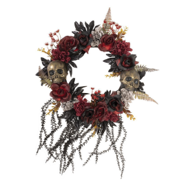 Couronne de porte Halloween avec crânes et roses pas cher