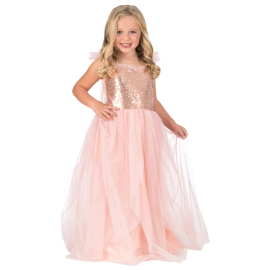 Une petite fille souriante habillée en princesse Rosalia avec une robe rose scintillante, taille 104 cm, disponible sur Badaboum.fr.