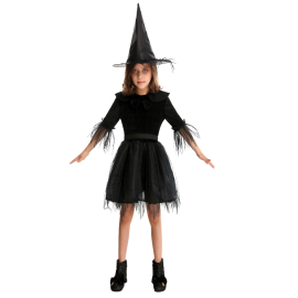 Jeune fille en costume de sorcière 7/9ans noir avec chapeau pointu, idéal pour Halloween, disponible sur Badaboum.fr