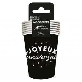 Gobelet en Carton Joyeux Anniversaire Noir 25 cl Pas Cher x 6 Pièces
