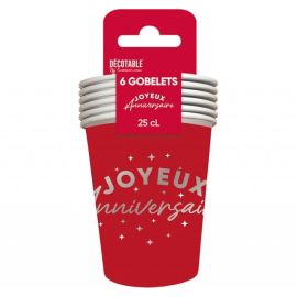 Gobelet en Carton Joyeux Anniversaire Rouge cerise 25 cl Pas Cher x 6 Pièces