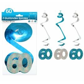 3 suspensions accordéons Anniversaire 50 ans en bleu turquoise, hauteur 73 cm, avec hologrammes et spirales métalliques bleu et argent, parfaites pour décorer un 50ème anniversaire.