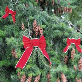 Nœud de Noël en velours rouge et or, parfait pour agrémenter vos décorations de fêtes. Taille 21 x 29 cm, idéal pour sapins, guirlandes et autres décorations de Noël. Disponible sur Badaboum.fr.