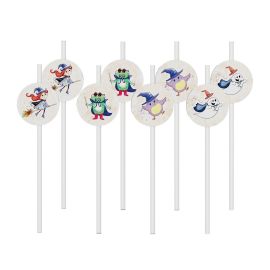Lot de 8 pailles en carton Halloween avec décorations fantômes, sorcières, chouettes et monstres, idéales pour une ambiance festive et effrayante