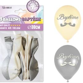 Pack de 8 ballons pour baptême en latex blanc et argent, décoration élégante de 30 cm