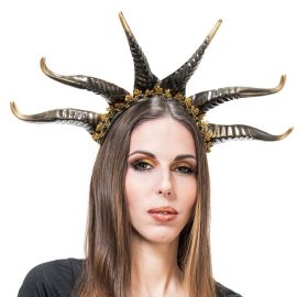 Serre-tête Halloween maléfique 6 cornes dorées 45 cm – accessoire déguisement pas cher Badaboum.fr