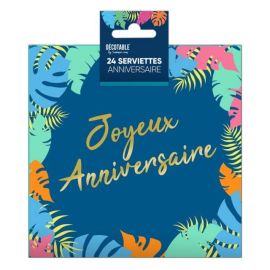 Serviettes de table en papier Joyeux Anniversaire Tropical 24 cm pas cher