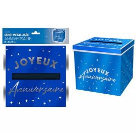 Urne Joyeux anniversaire métallisée Bleu Touareg 20 x 20 cm pas cher