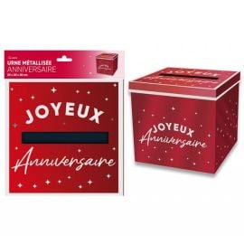 Urne Joyeux anniversaire métallisée Rouge cerise 20 x 20 cm pas cher