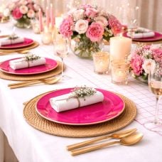 6 Assiettes Élégance - Réutilisables - Plastique Framboise et Or 26,5cm