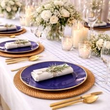 6 Assiettes Élégance - Réutilisables - Plastique Indigo et Or Ø26,5cm