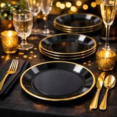 6 Petites Assiettes Élégance - Réutilisables - Plastique Noir et Or Ø19cm